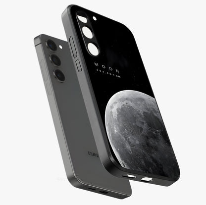 Cosmic Moon Glow Glass Case displayed in angled mockup highlighting celestial moon design with cosmic aesthetic theme.