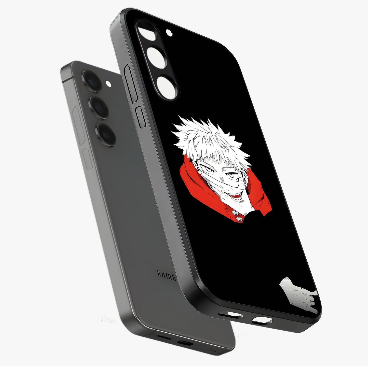 Crimson Chaos Smile Glass Case displayed in angled mockup highlighting edgy crimson smile design with graphic aesthetic.