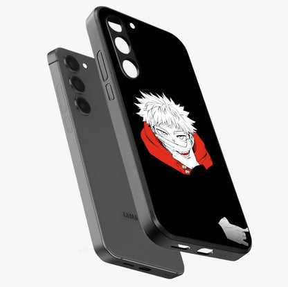 Crimson Chaos Smile Glass Case displayed in angled mockup highlighting edgy crimson smile design with graphic aesthetic.