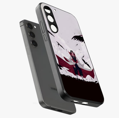 Crimson Crow Ascension Glass Case displayed in angled mockup highlighting powerful crow illustration with dark crimson aesthetic.