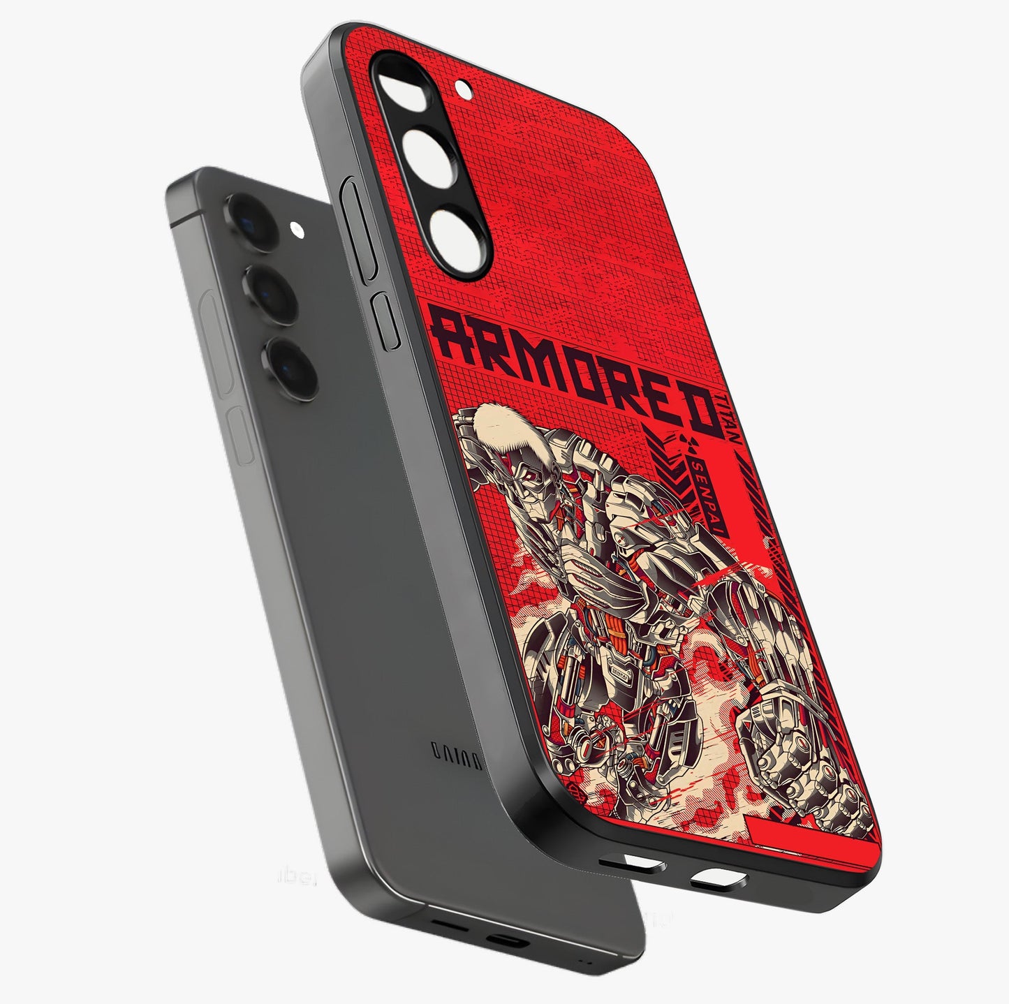 Crimson Mecha Titan Glass Case displayed in angled mockup highlighting futuristic mech illustration with bold crimson aesthetic.