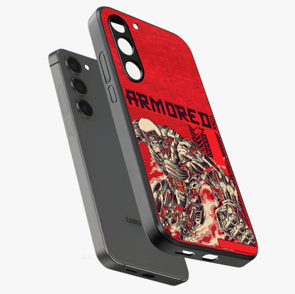 Crimson Mecha Titan Glass Case displayed in angled mockup highlighting futuristic mech illustration with bold crimson aesthetic.