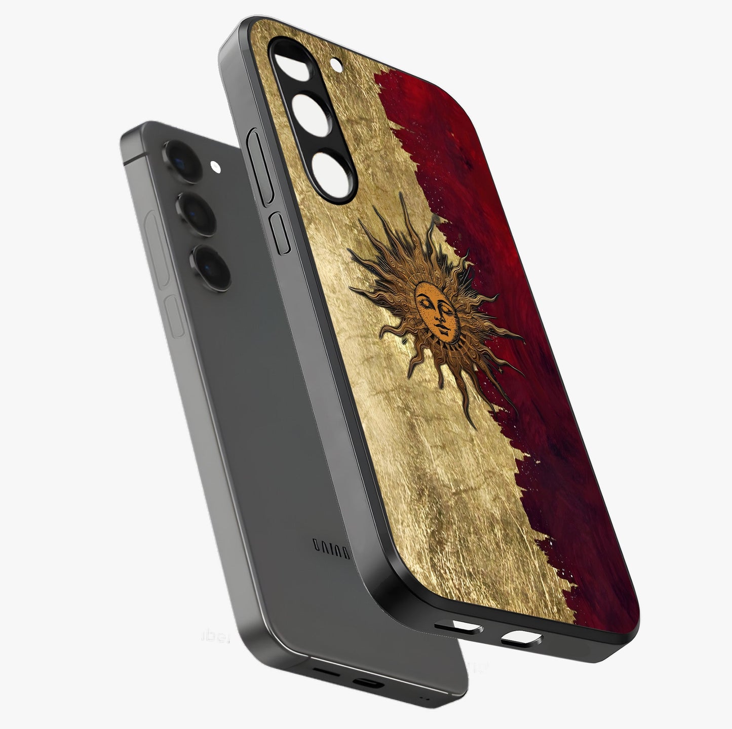 Crimson Sun Majesty Glass Case displayed in angled mockup highlighting majestic crimson sun design with bold aesthetic style.