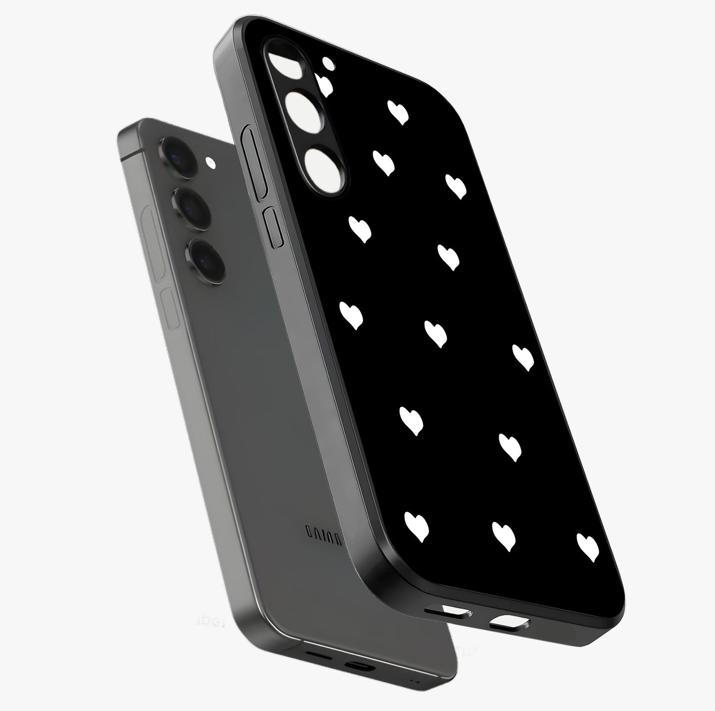 Cute And Simple White Hearts Glass Case displayed in angled mockup highlighting cute heart design with clean aesthetic style.