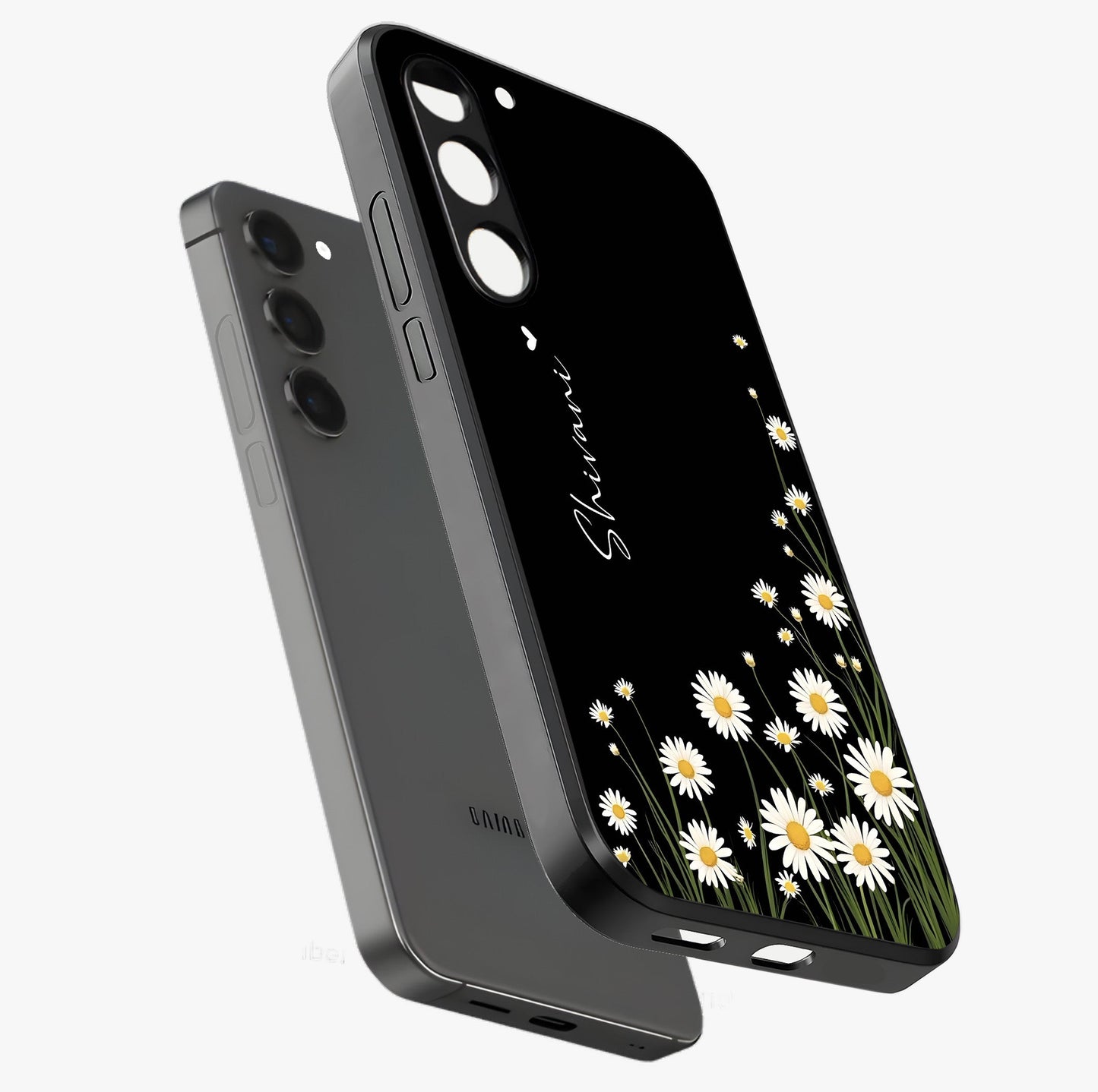 Daisy Cascade Custom Name Glass Case displayed in angled mockup highlighting delicate daisy artwork with custom name feature.