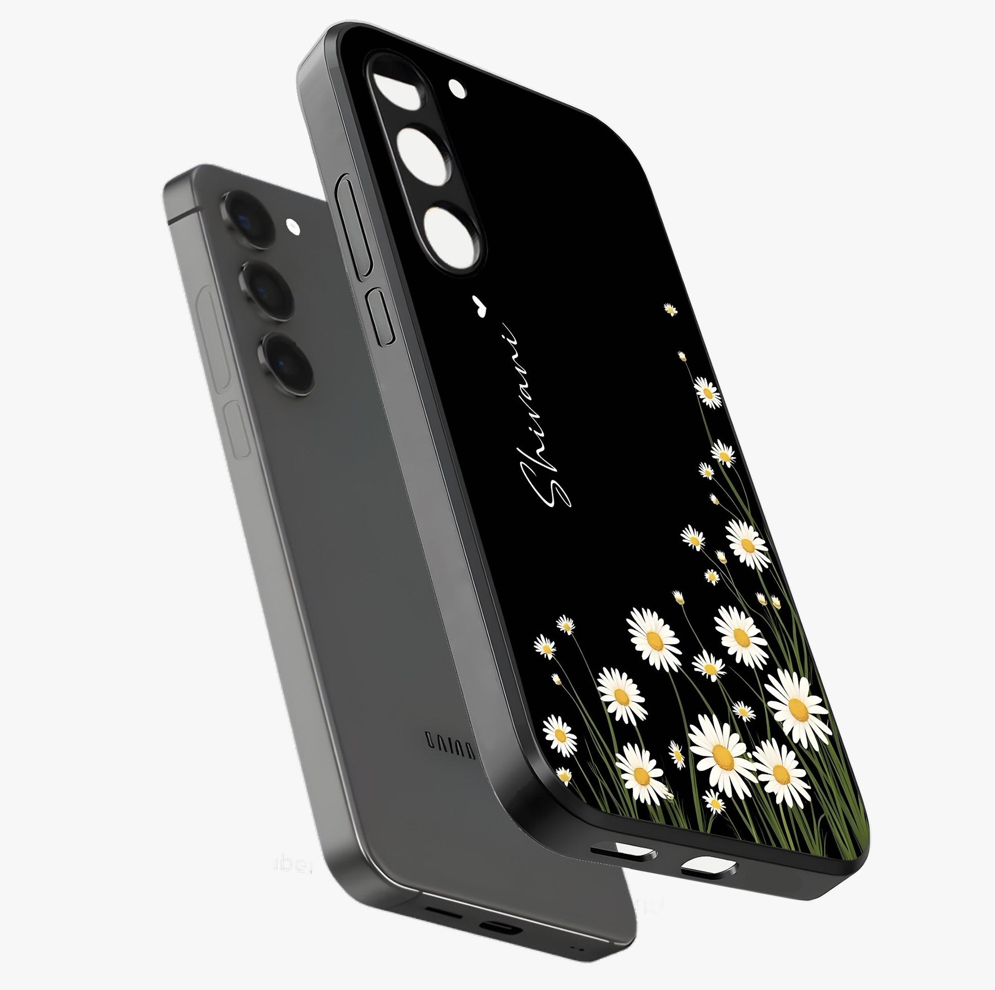Daisy Cascade Custom Name Glass Case displayed in angled mockup highlighting delicate daisy artwork with custom name feature.