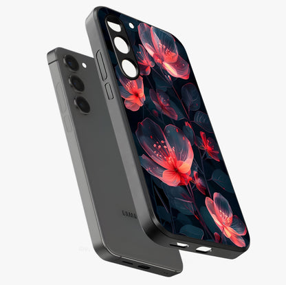 Dark Shade of Flower Glass Case displayed in angled mockup highlighting moody floral illustration with aesthetic dark tones.