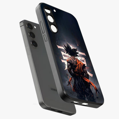 Dark Warrior In Rain Glass Case displayed in angled mockup highlighting dramatic warrior illustration with dark rain aesthetic.