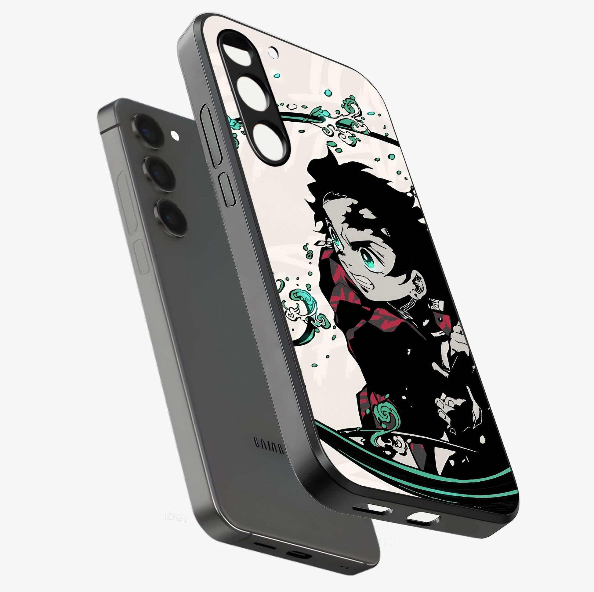 Demon Slayer Glass Case displayed in angled mockup highlighting dramatic anime character design with action aesthetic.