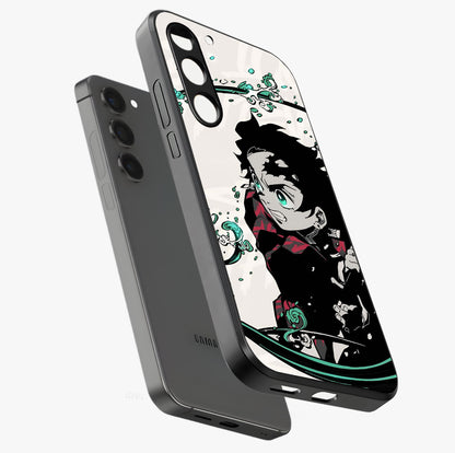 Demon Slayer Glass Case displayed in angled mockup highlighting dramatic anime character design with action aesthetic.