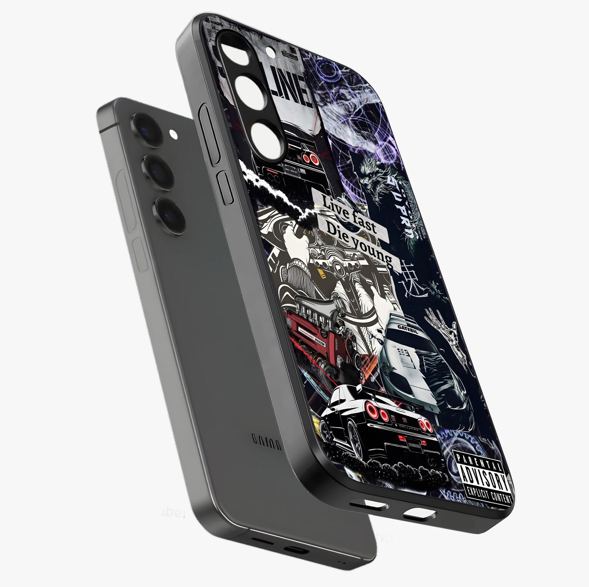 Die Young Glass Case displayed in angled mockup highlighting expressive graphic artwork with edgy aesthetic style.