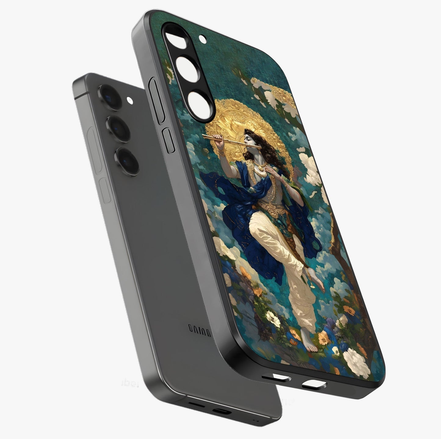 Divine Krishna Art Glass Case displayed in angled mockup highlighting spiritual Krishna illustration with devotional aesthetic.