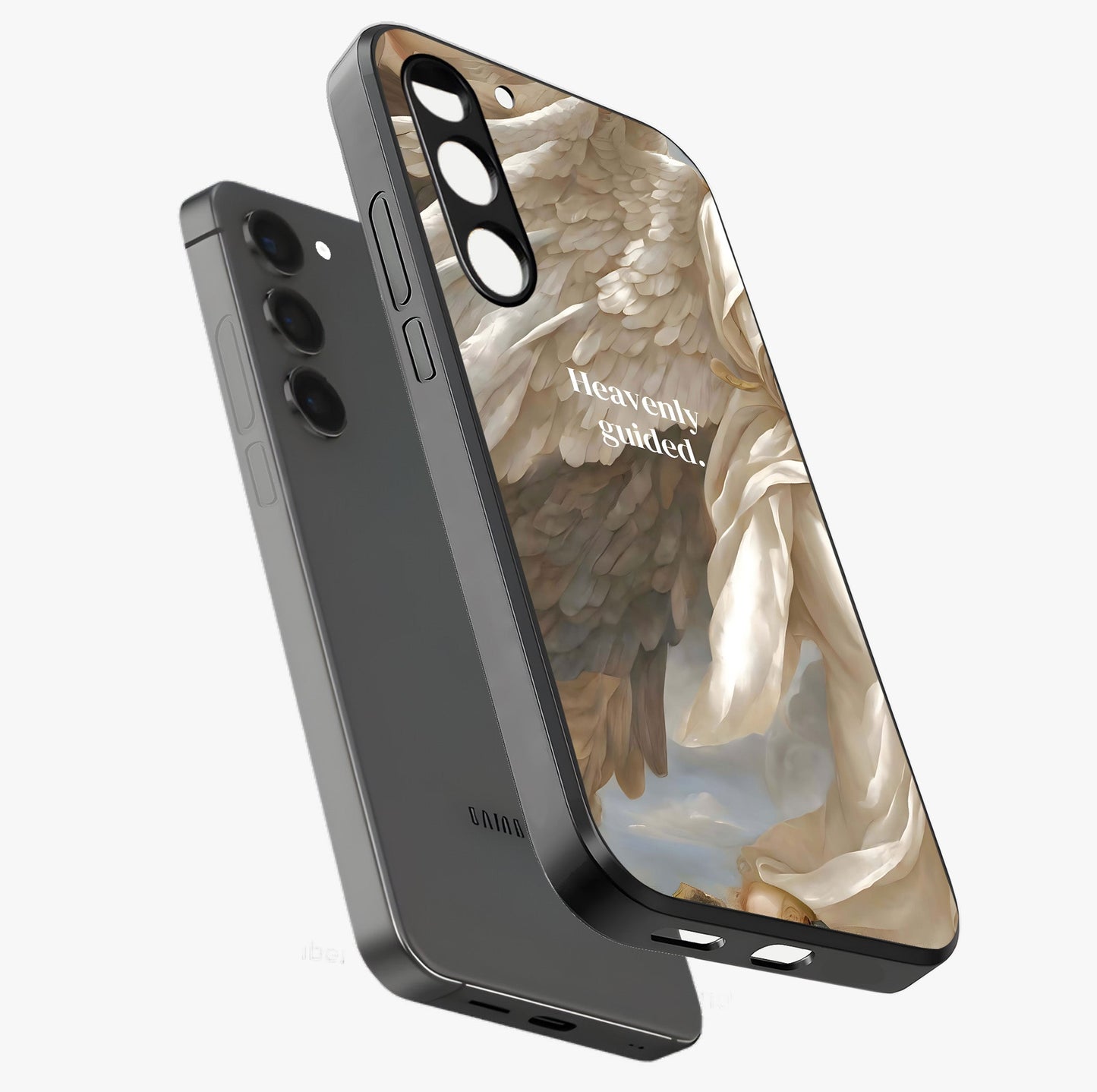 Divine Winged Grace Glass Case displayed in angled mockup highlighting graceful wing design with divine aesthetic style.