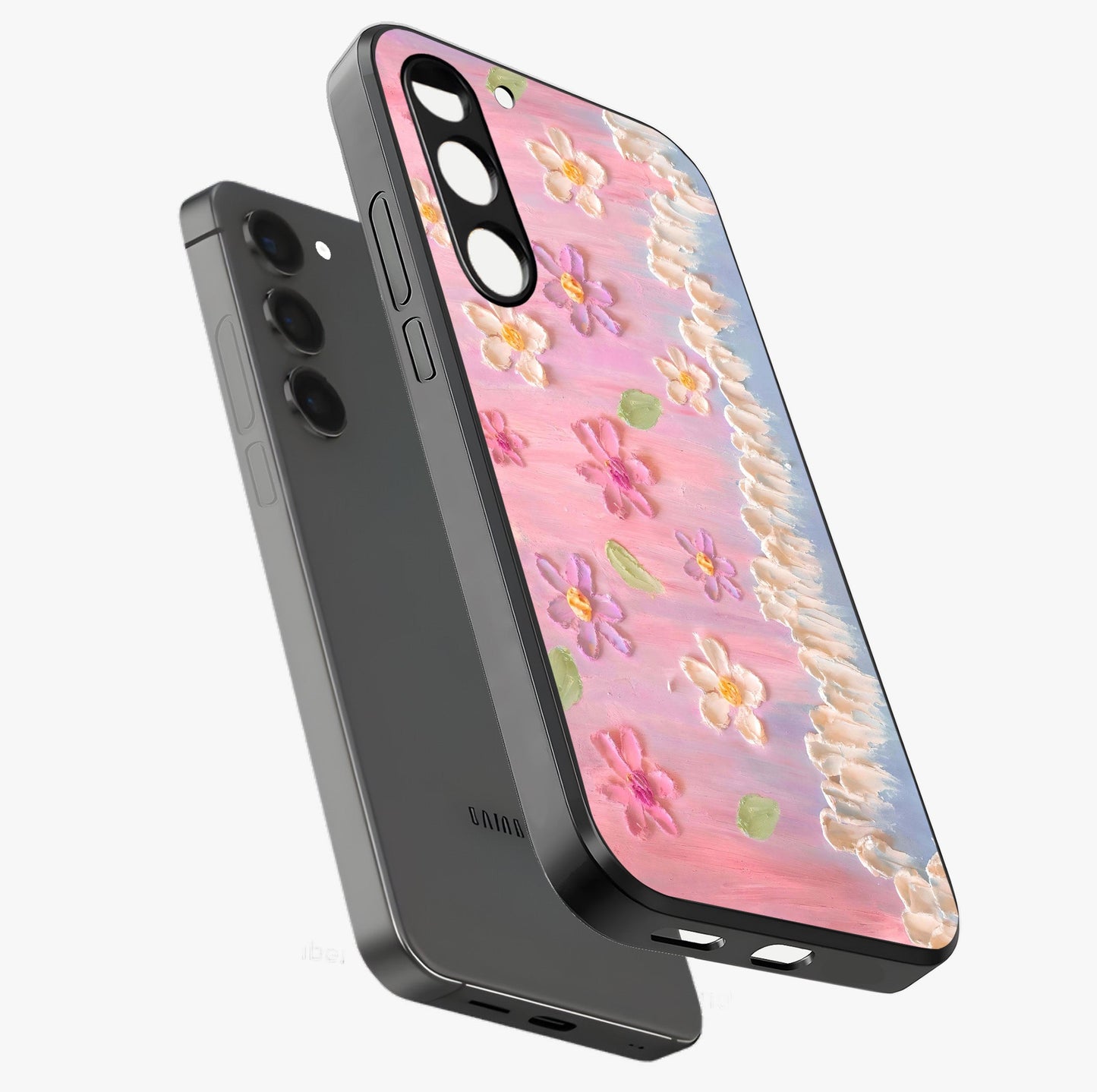 Dreamy Painted Garden Glass Case displayed in angled mockup highlighting colorful garden illustration with dreamy aesthetic style.
