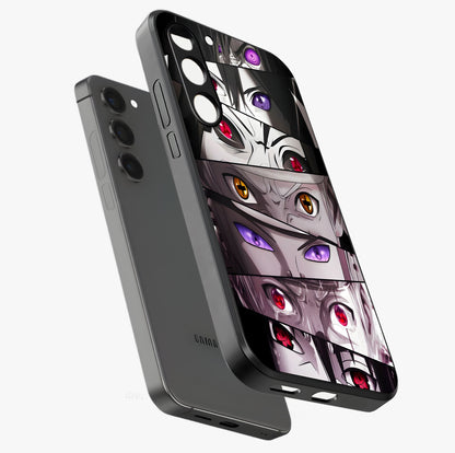 Eyes of Destiny Glass Case displayed in angled mockup highlighting bold eye illustration with mystical aesthetic style.