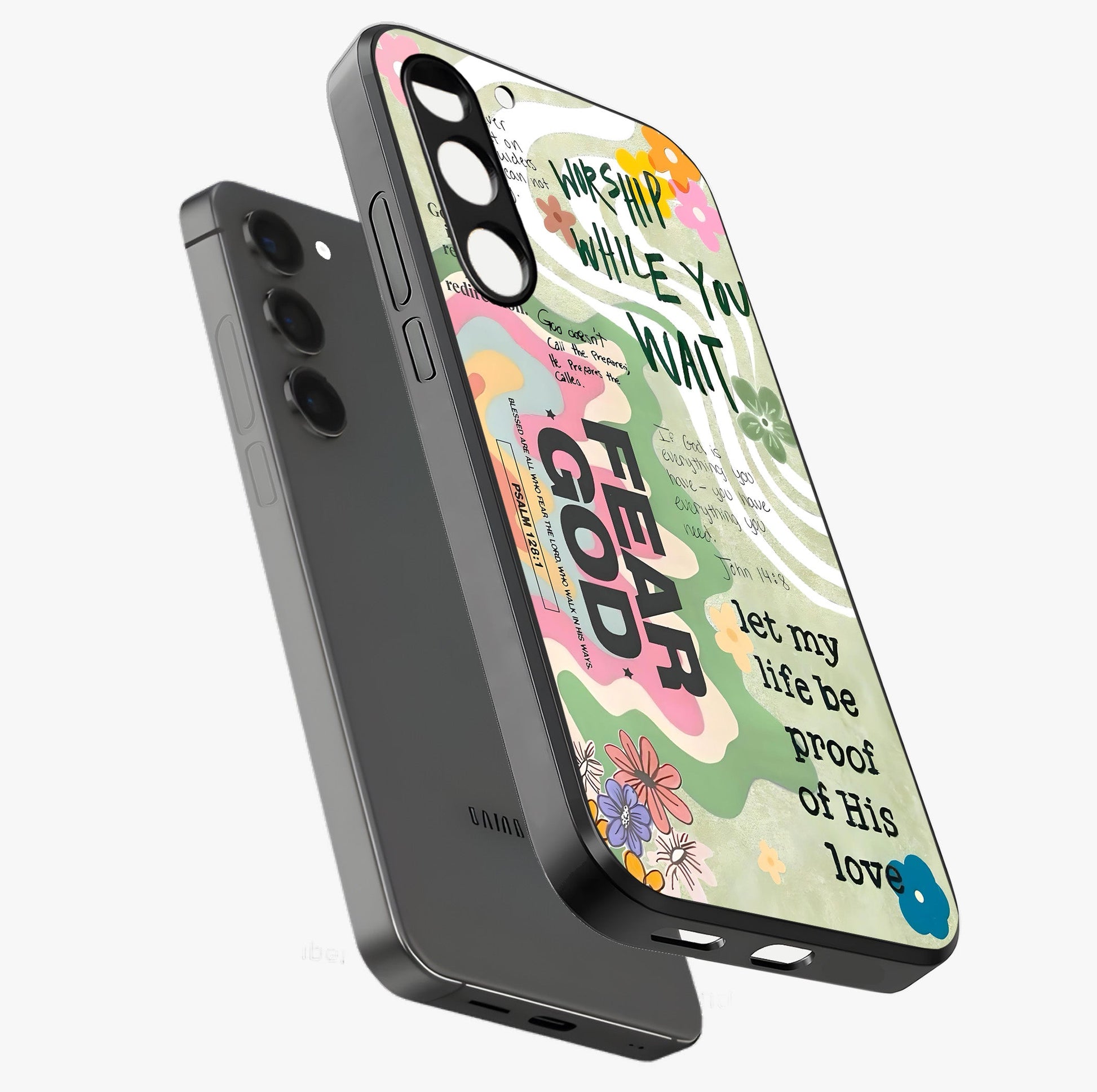 Faith Over Fear Glass Case displayed in angled mockup highlighting inspirational message design with modern aesthetic style.