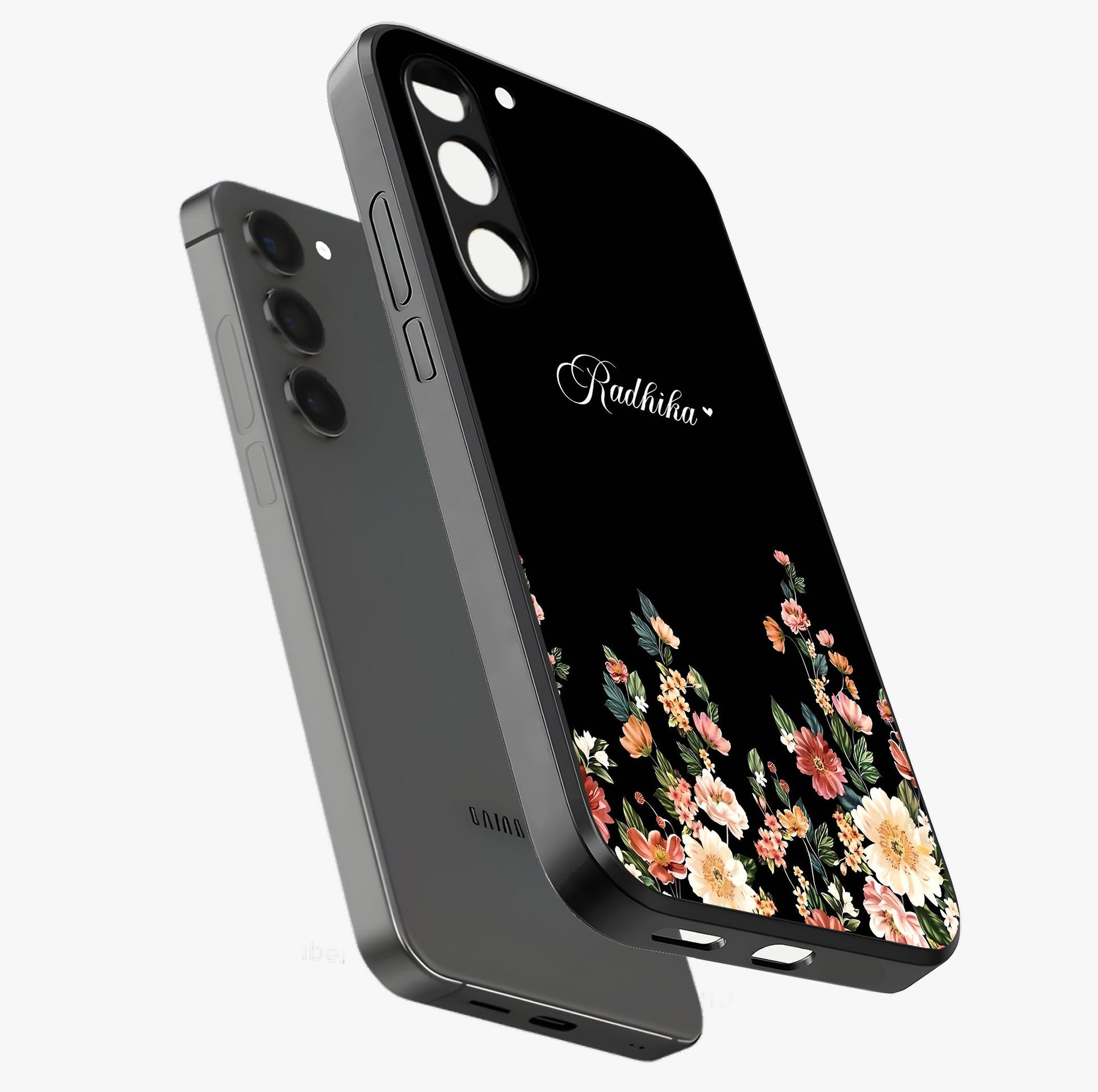 Floral Design With a Custom Personalized Name Glass Case displayed in angled mockup highlighting elegant floral pattern with custom name feature.