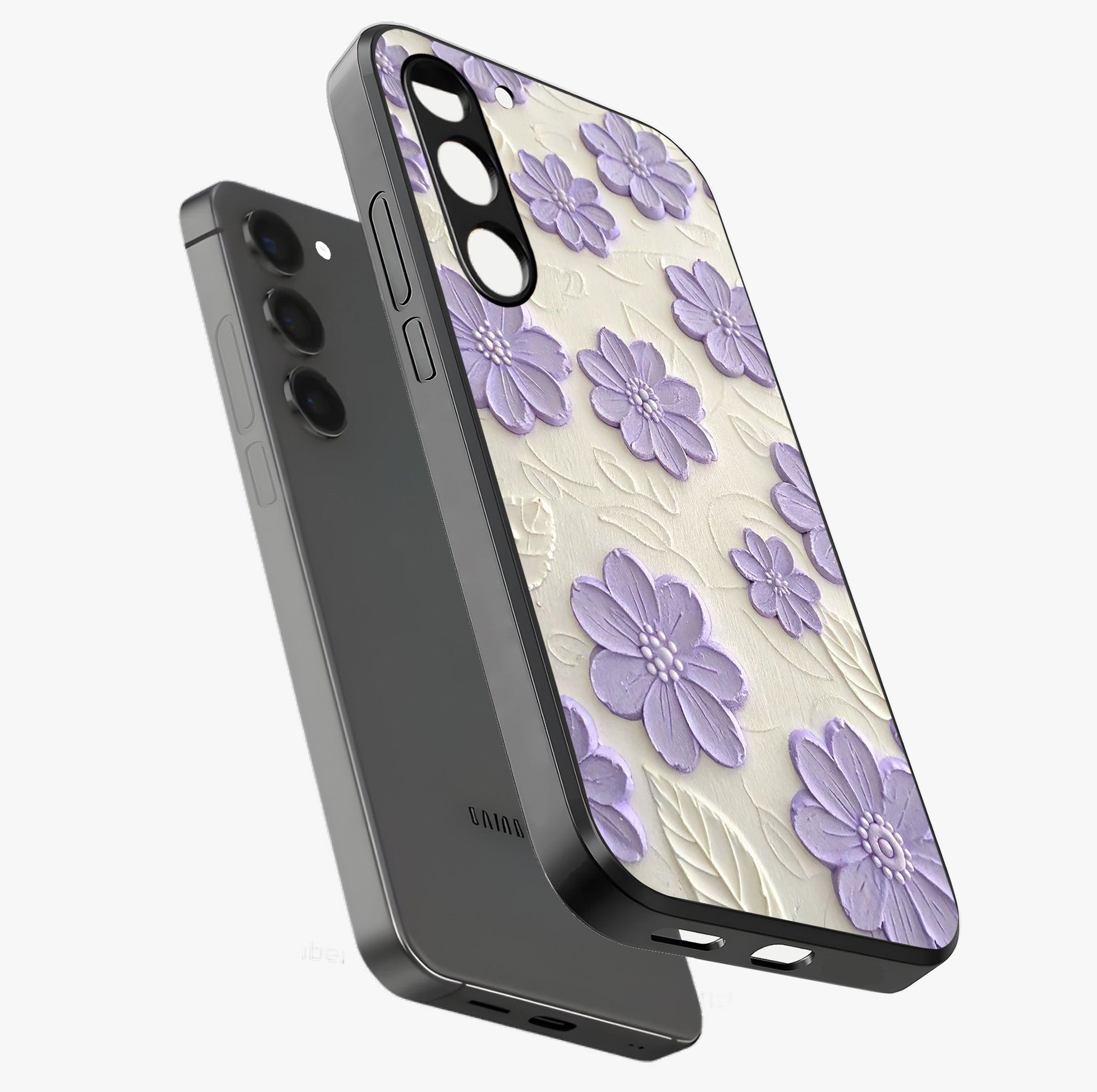 Floral Wall Art With Purple Flowers Glass Case displayed in angled mockup highlighting vibrant purple floral illustration with artistic aesthetic.