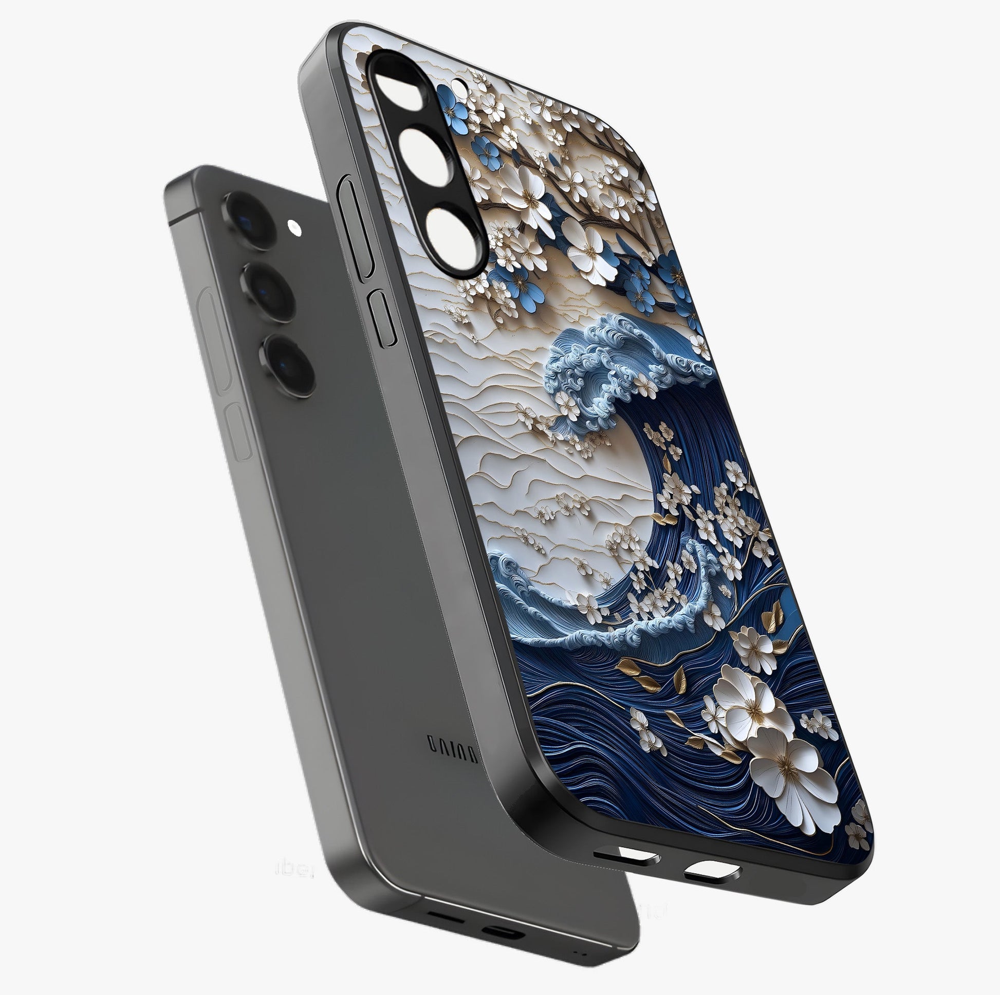 Floral Wave Origami Glass Case displayed in angled mockup highlighting geometric origami flower design with modern aesthetic style.