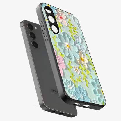 Frosted Petal Garden Glass Case displayed in angled mockup highlighting delicate flower petal design with calm garden aesthetic.