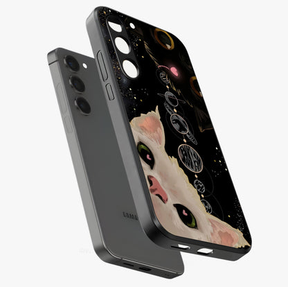 Galactic Cat Glass Case displayed in angled mockup highlighting celestial feline illustration with galaxy aesthetic style.
