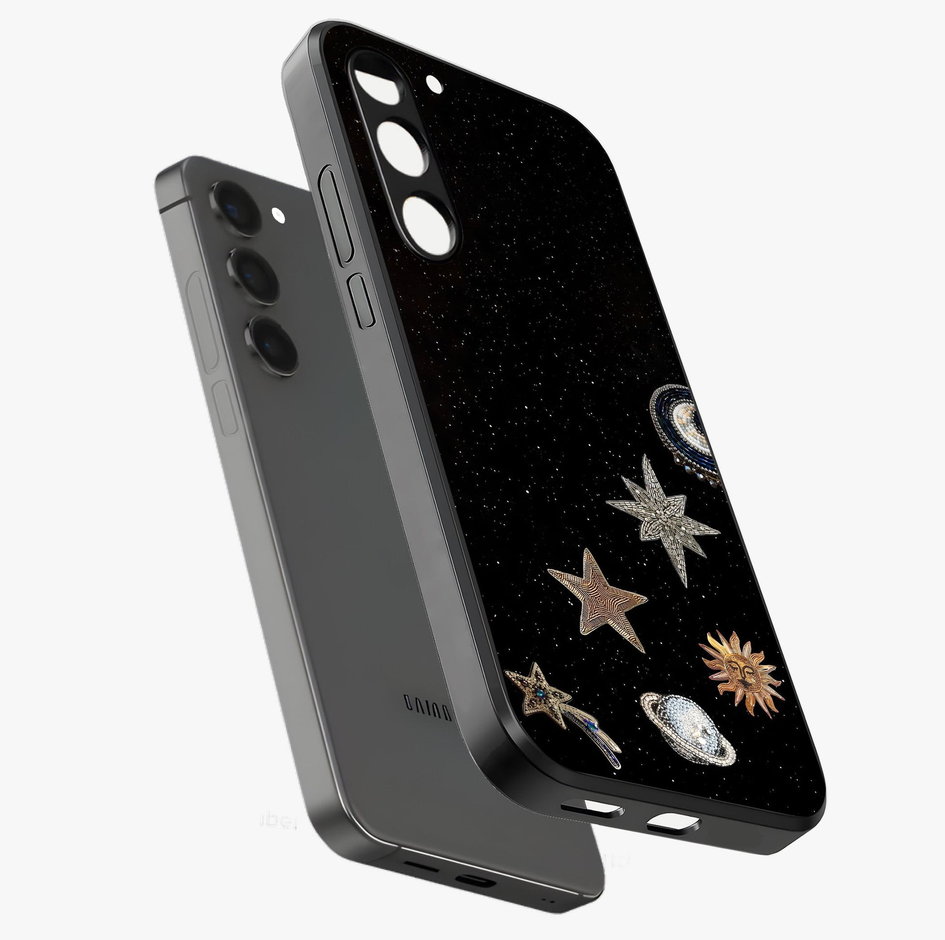 Galactic Charm Glow Glass Case displayed in angled mockup highlighting luminous galaxy inspired design with dreamy aesthetic.