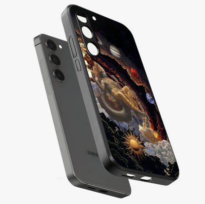 Galactic Divine God Glass Case displayed in angled mockup highlighting powerful celestial deity illustration with galactic aesthetic.
