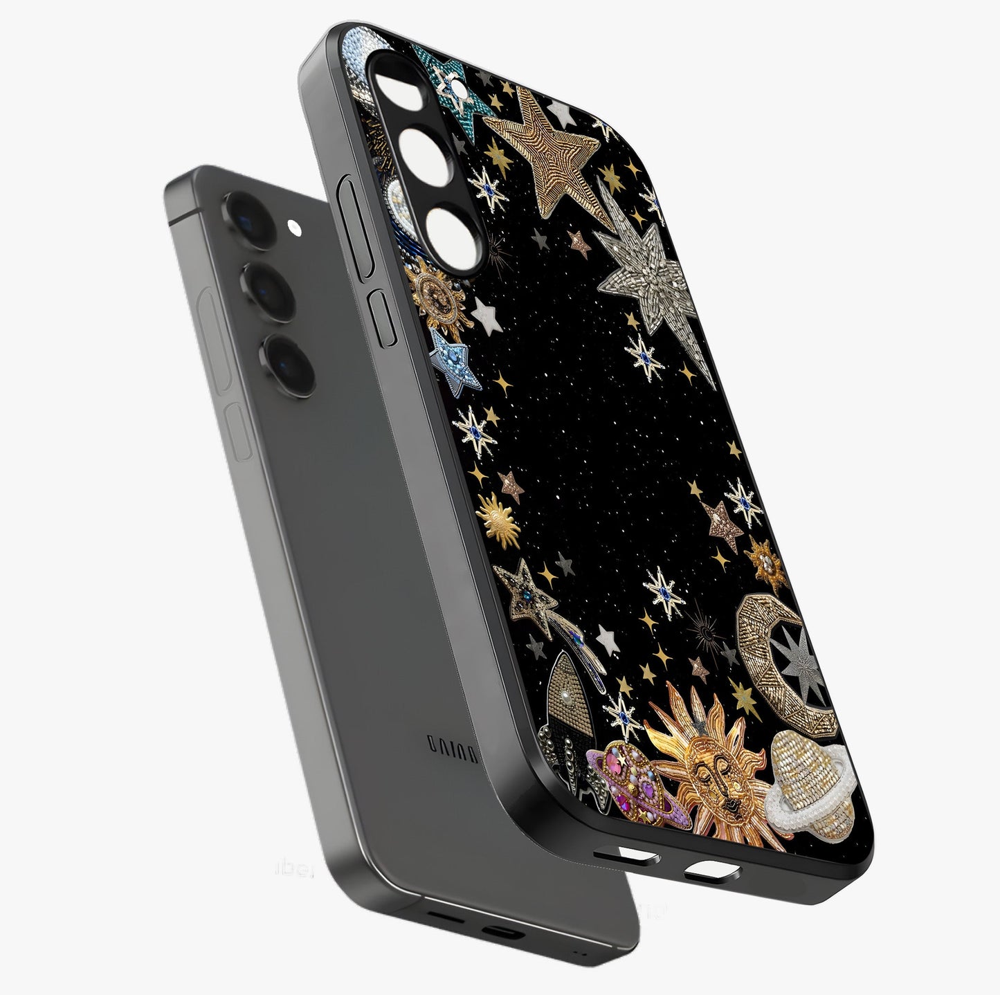 Galactic Jewel Stars Glass Case displayed in angled mockup highlighting shining celestial star design with cosmic aesthetic style.