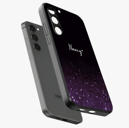 Glittery Purple Bokeh Custom Name Glass Case displayed in angled mockup highlighting glitter bokeh pattern with custom name feature.