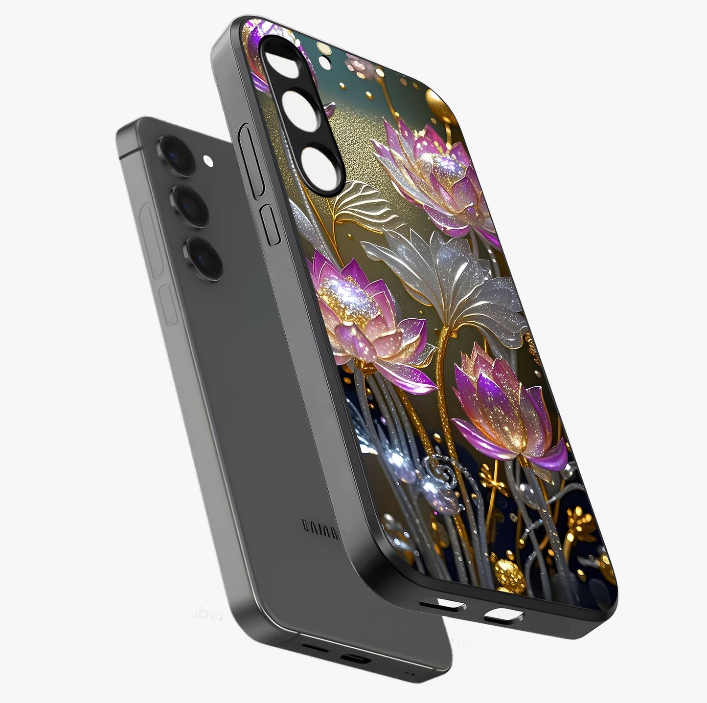 Golden Floral Majesty Glass Case displayed in angled mockup highlighting elegant flower design with royal golden aesthetic.