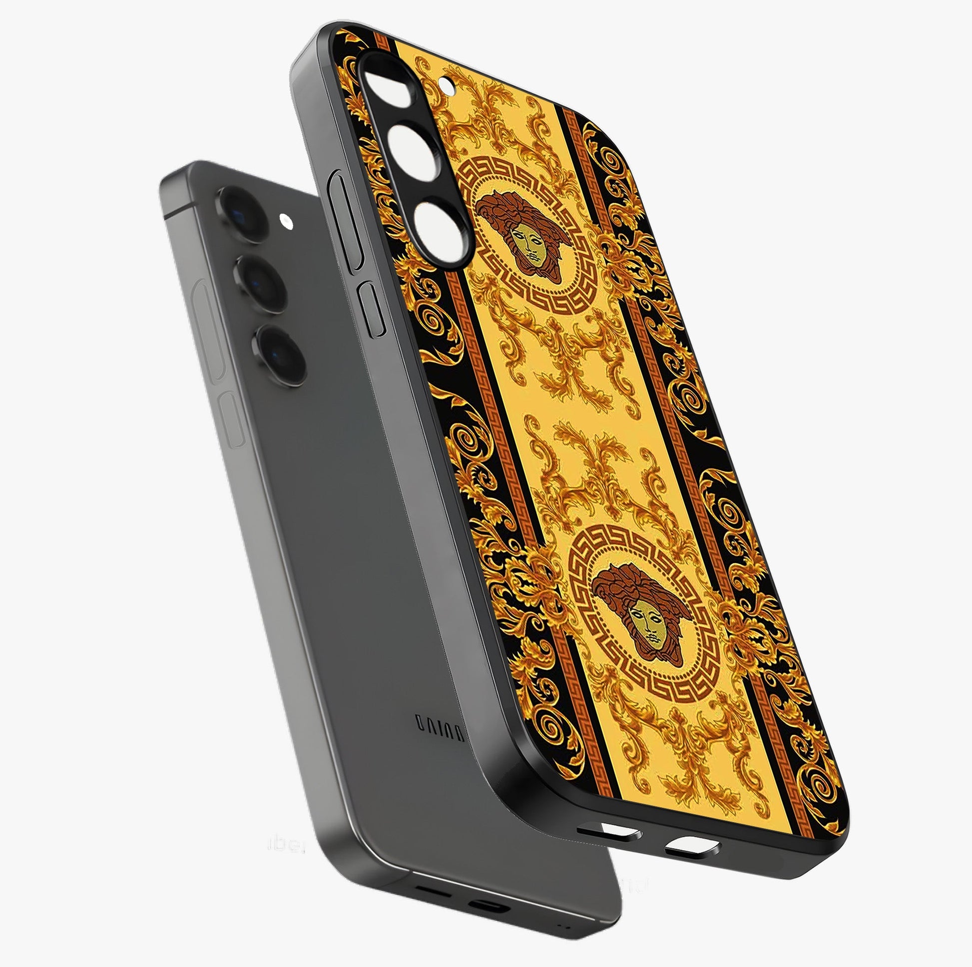Golden Lotus Glow Glass Case displayed in angled mockup highlighting radiant lotus illustration with spiritual aesthetic.
