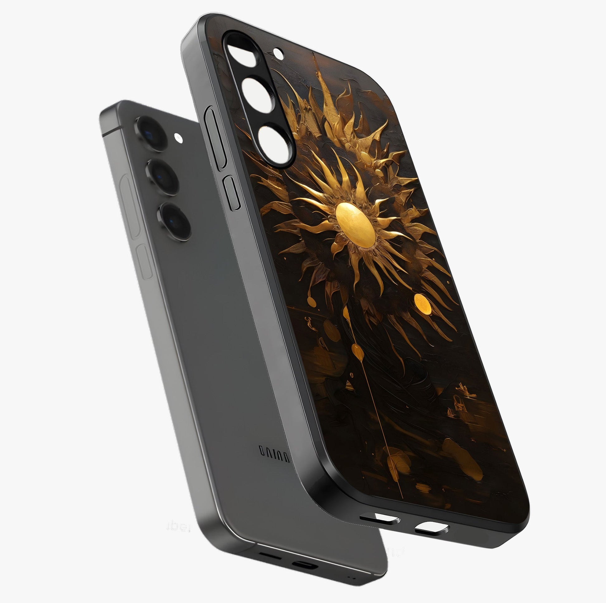 Golden Sun Majesty Glass Case displayed in angled mockup highlighting eerie shadow illustration with gothic aesthetic.