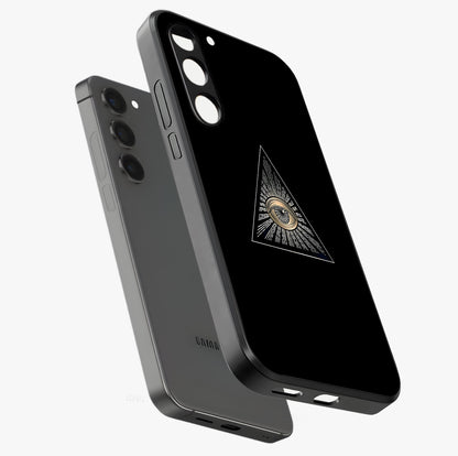 Illuminati Evil Glass Case displayed in angled mockup highlighting dark occult inspired design with bold aesthetic style.