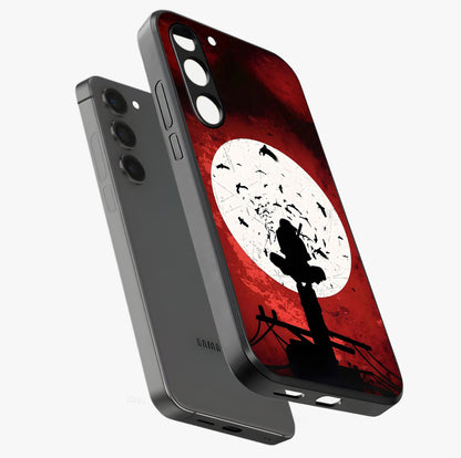 Itachi Limited Edition Naruto Anime Glass Case displayed in angled mockup highlighting dramatic anime illustration with bold action aesthetic.