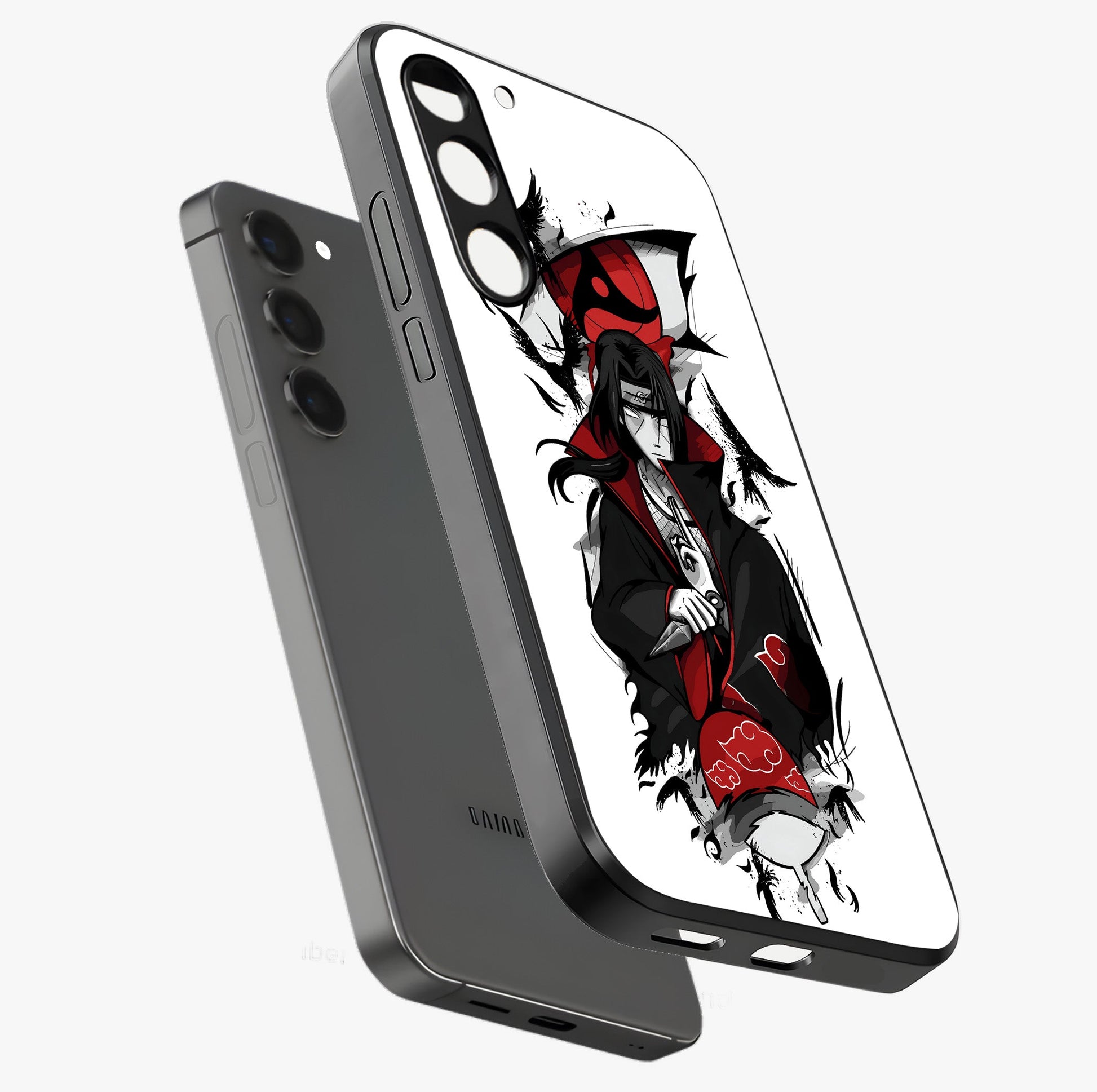Itachi Sharingan Glass Case displayed in angled mockup highlighting striking sharingan eye design with dramatic anime aesthetic.