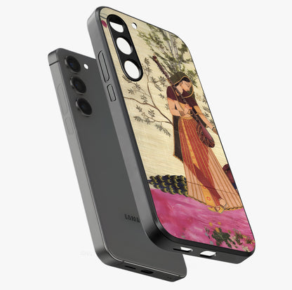 Lady With Veena Art Glass Case displayed in angled mockup highlighting graceful musical illustration with cultural artistic aesthetic.