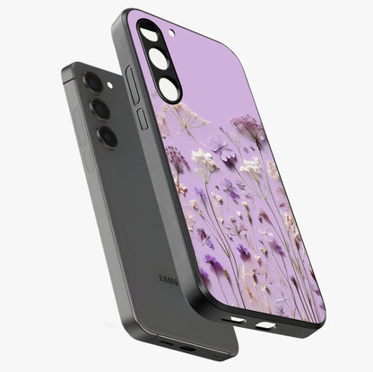 Lavender Blossom Dream Glass Case displayed in angled mockup highlighting dreamy lavender flower design with calming aesthetic style.