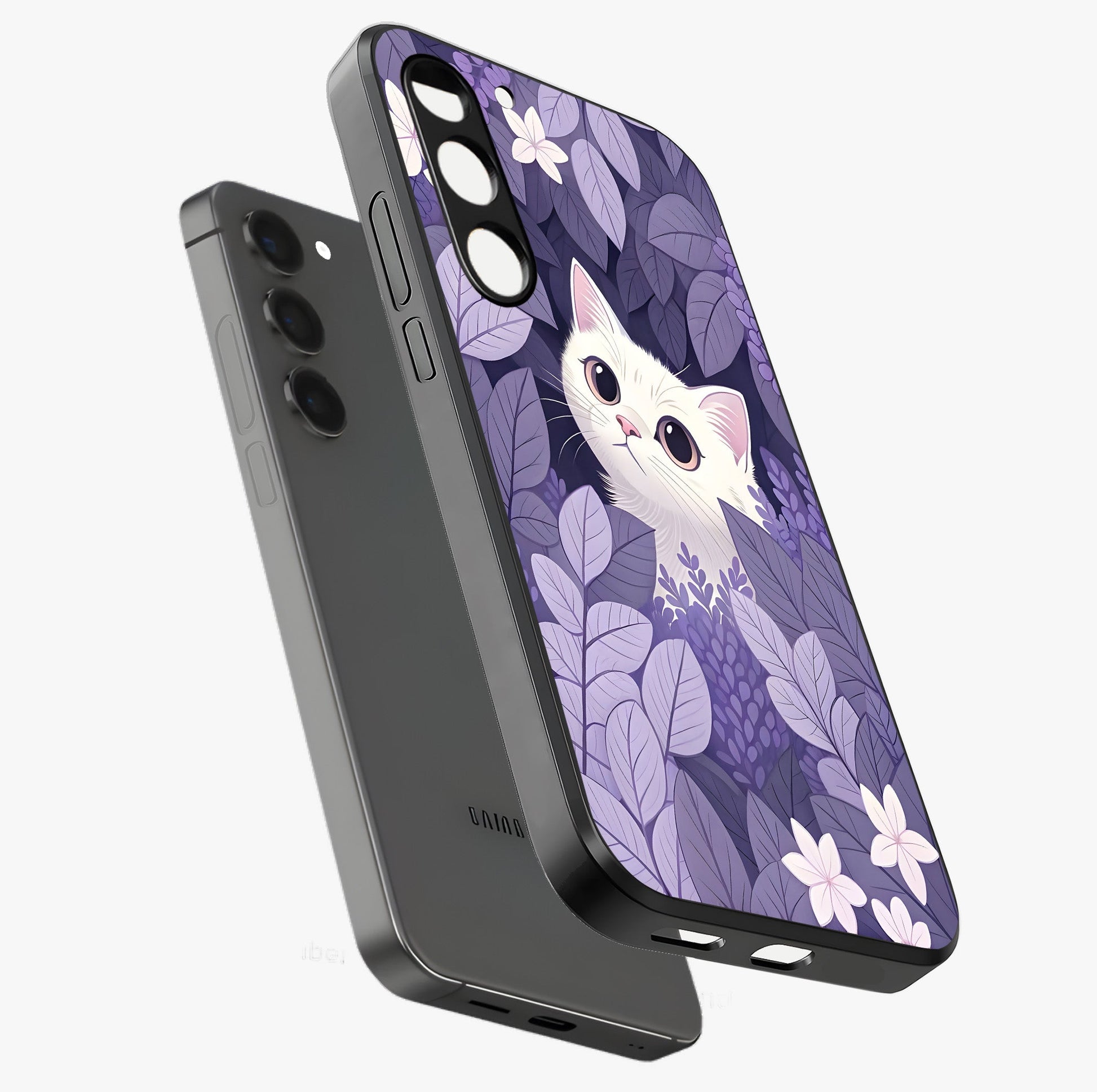 Lilac Hide Peek Cat Glass Case displayed in angled mockup highlighting playful feline illustration with lilac aesthetic design.