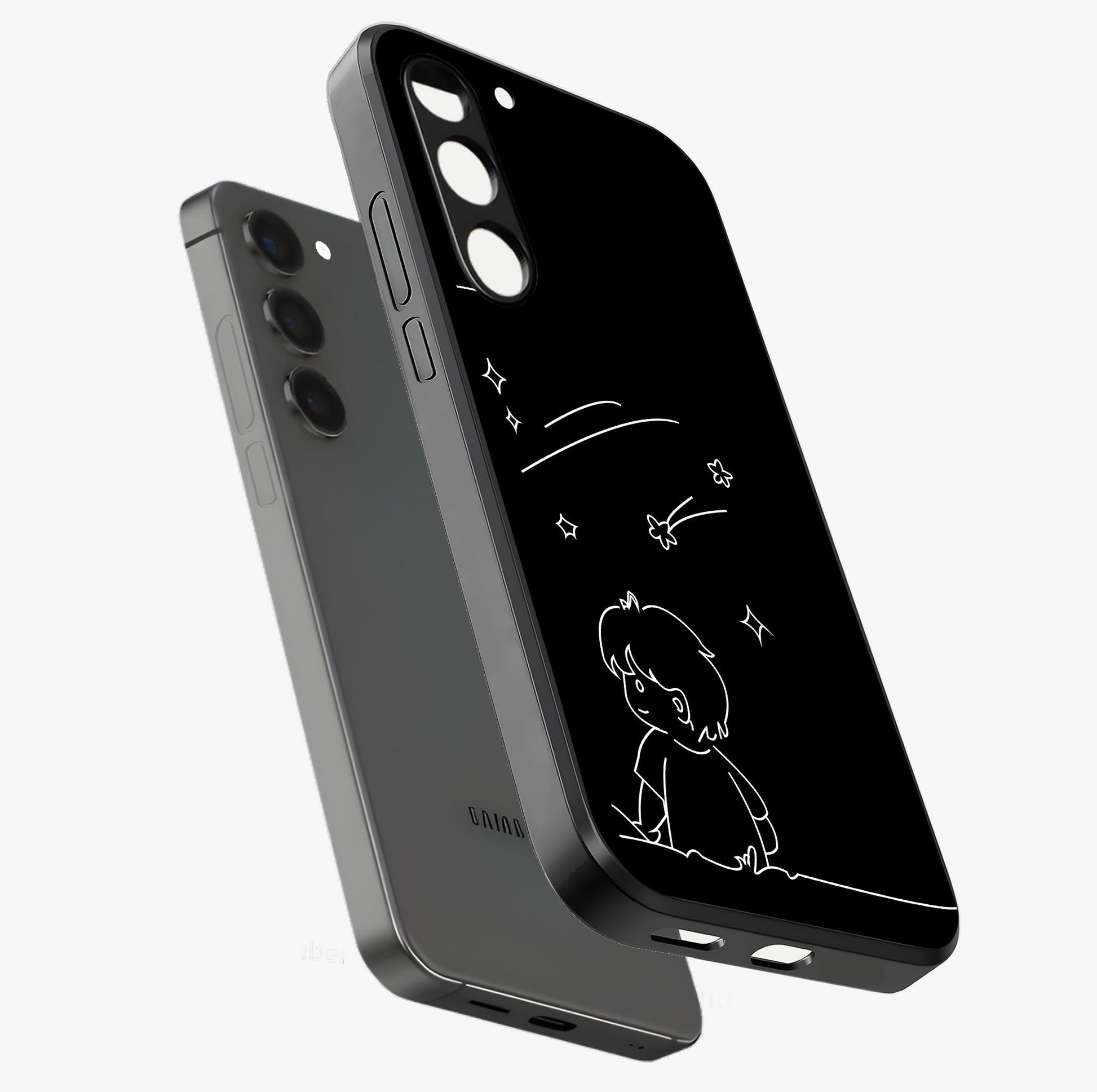Line Art Boy With Shooting Stars Glass Case displayed in angled mockup highlighting elegant line art design with dreamy star aesthetic.