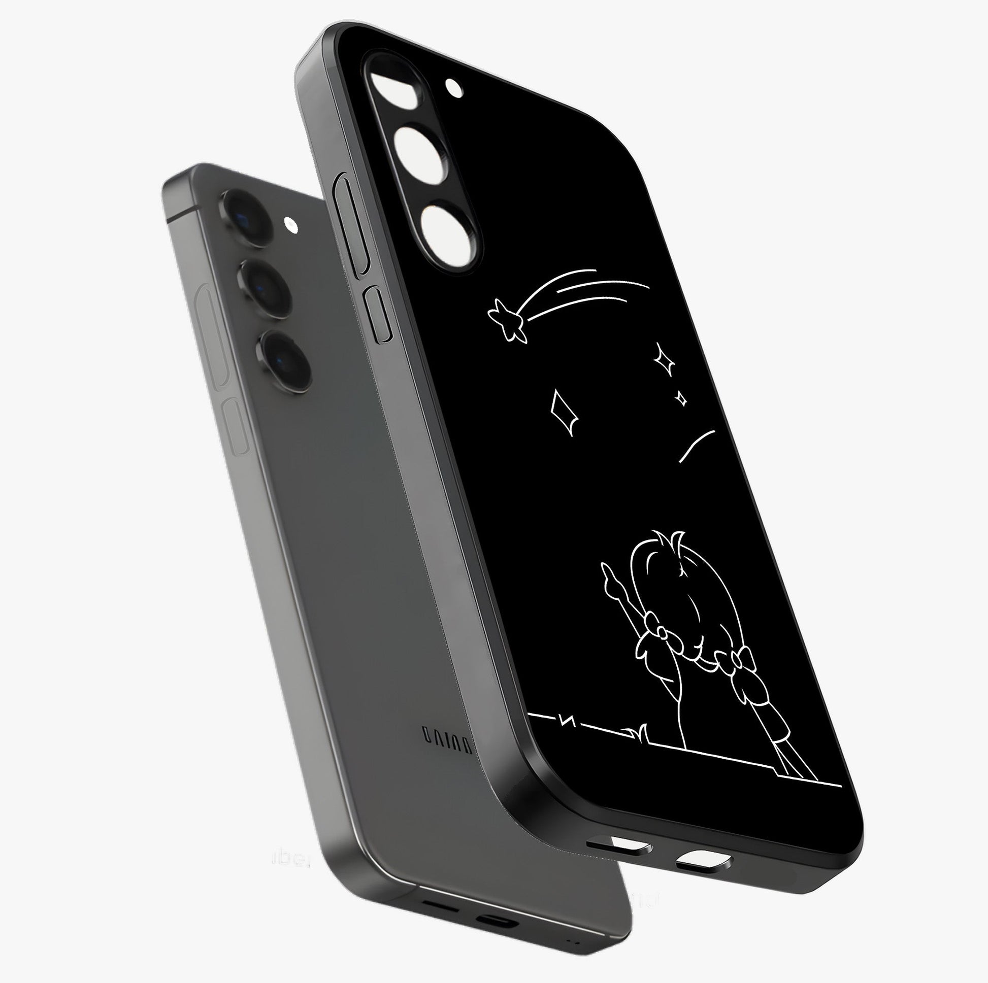 Line Art Girl With Shooting Stars Glass Case displayed in angled mockup highlighting elegant line art design with dreamy star aesthetic.