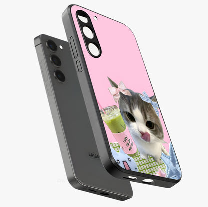 Love Matcha Cat Glass Case displayed in angled mockup highlighting playful feline illustration with cozy matcha aesthetic.