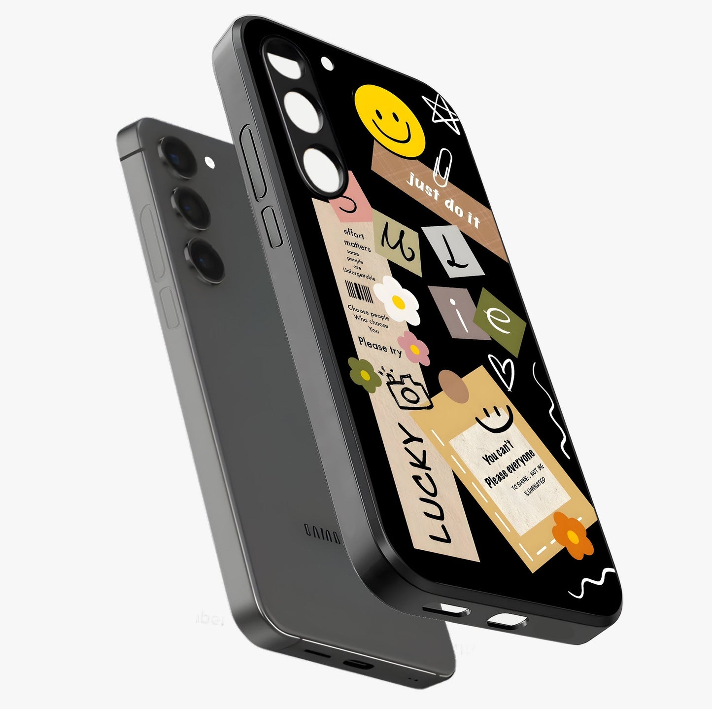 Lucky Aesthetic Collage Glass Case displayed in angled mockup highlighting stylish collage pattern with modern aesthetic vibe.