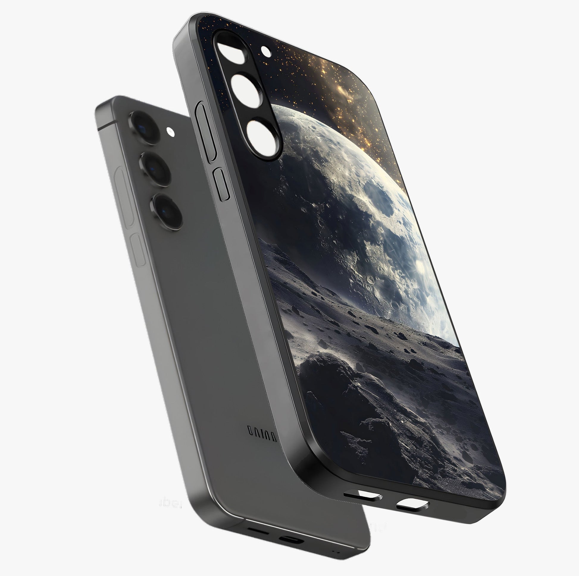Lunar Horizon Glow Glass Case displayed in angled mockup highlighting celestial moon design with dreamy night aesthetic.