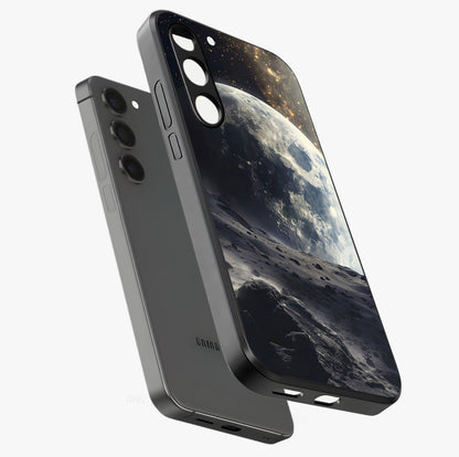Lunar Horizon Glow Glass Case displayed in angled mockup highlighting celestial moon design with dreamy night aesthetic.