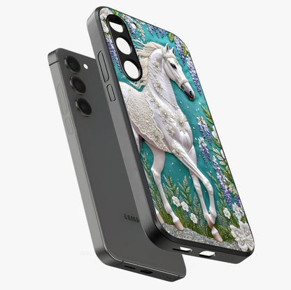Majestic Floral Stallion Glass Case displayed in angled mockup highlighting majestic stallion illustration with elegant floral aesthetic.