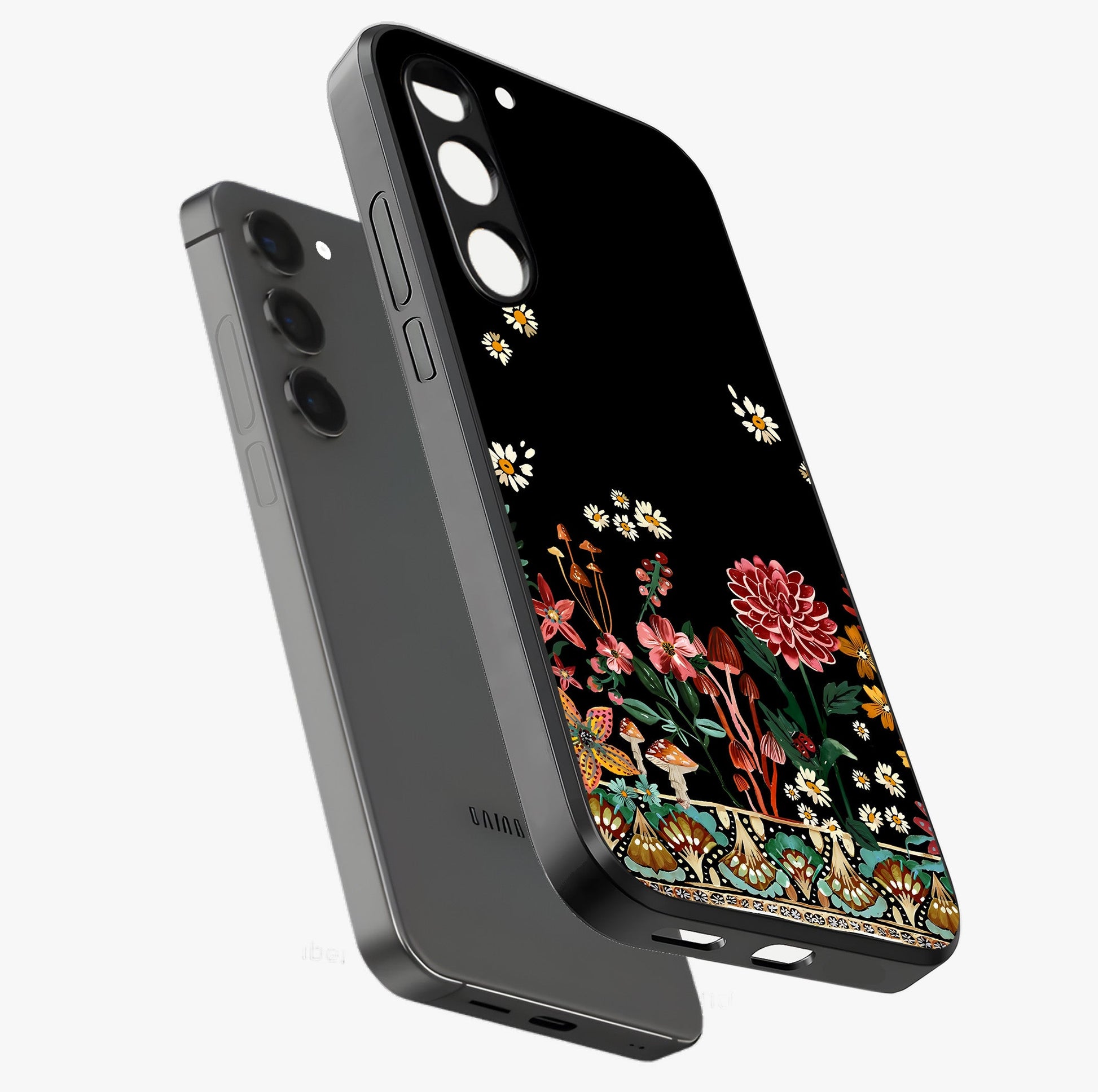 Midnight Bloom Pattern Glass Case displayed in angled mockup highlighting elegant flower design with midnight aesthetic style.