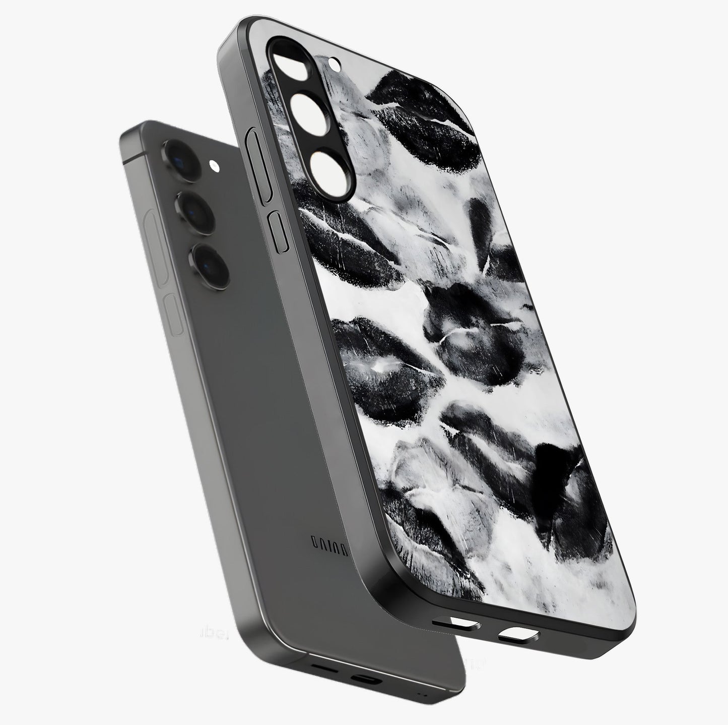 Midnight Kiss Marks Glass Case displayed in angled mockup highlighting playful romantic design with bold midnight aesthetic.