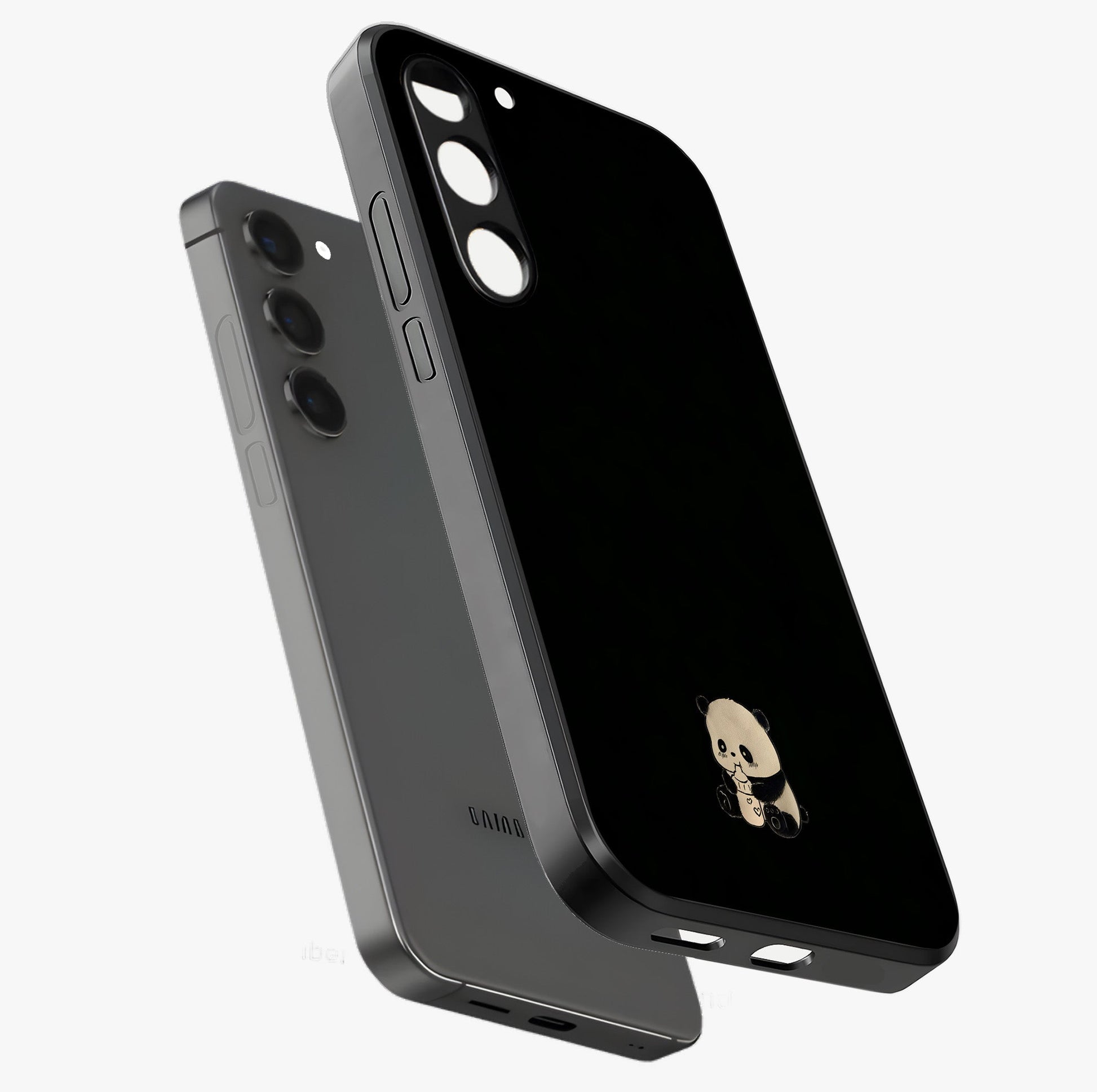 Midnight Panda Love Glass Case displayed in angled mockup highlighting adorable panda illustration with midnight aesthetic.