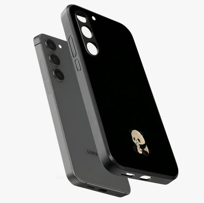 Midnight Panda Love Glass Case displayed in angled mockup highlighting adorable panda illustration with midnight aesthetic.