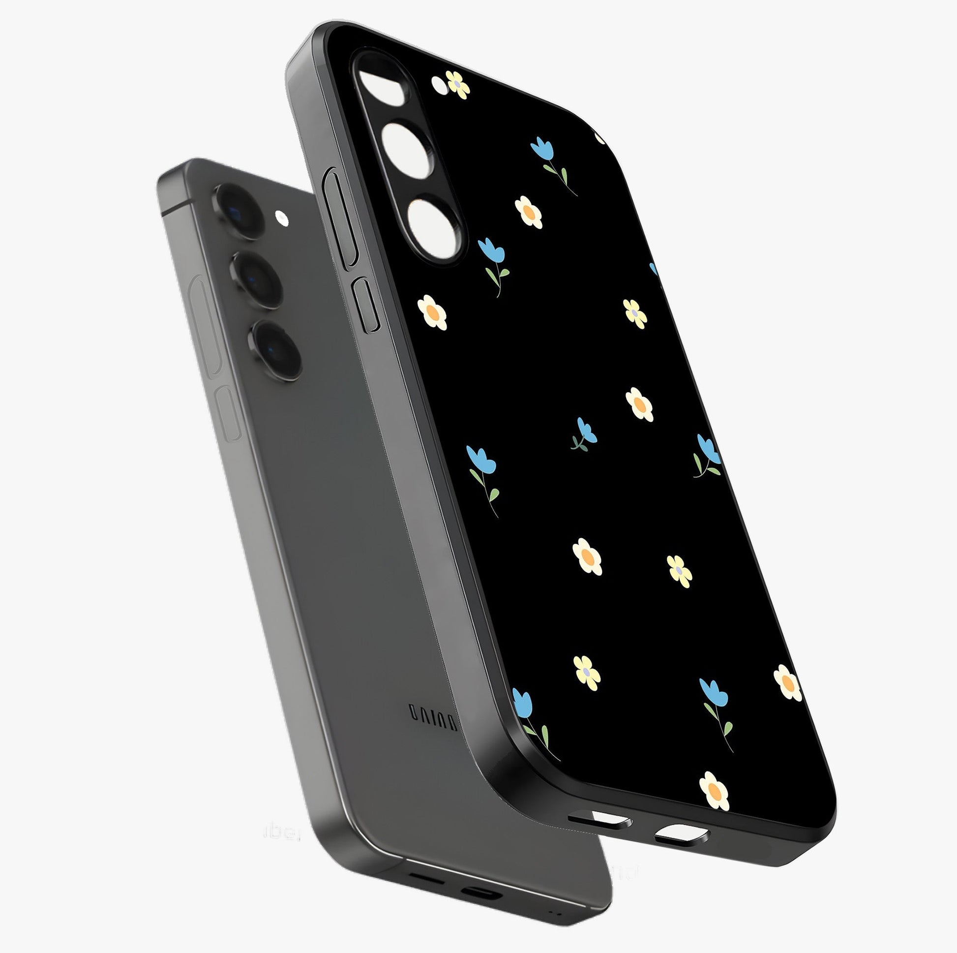 Minimal Petal Whispers Glass Case displayed in angled mockup highlighting delicate petal design with clean minimal aesthetic.